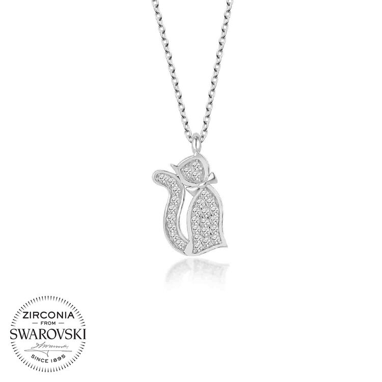 Swarovski Taşlı Gümüş Kedi Bayan Kolye